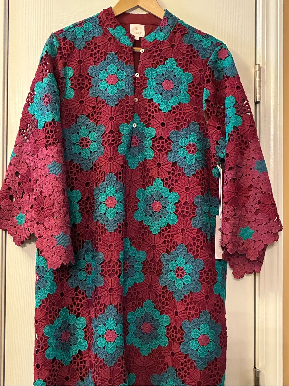 Crocheted Floral Overlay Feminine Midi Dress in Berry and Teal. Size S